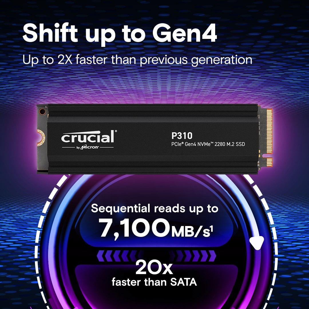 CRUCIAL Crucial CT4000P310SSD5 P310 4TB PCIe Gen4 NVMe 2280 M.2 SSD con dissipatore - SUPPORTI PER LA MEMORIZZAZIONE | TecnoCARE.net Sabaudia, Latina, Terracina, San Felice Circeo e Pontinia
