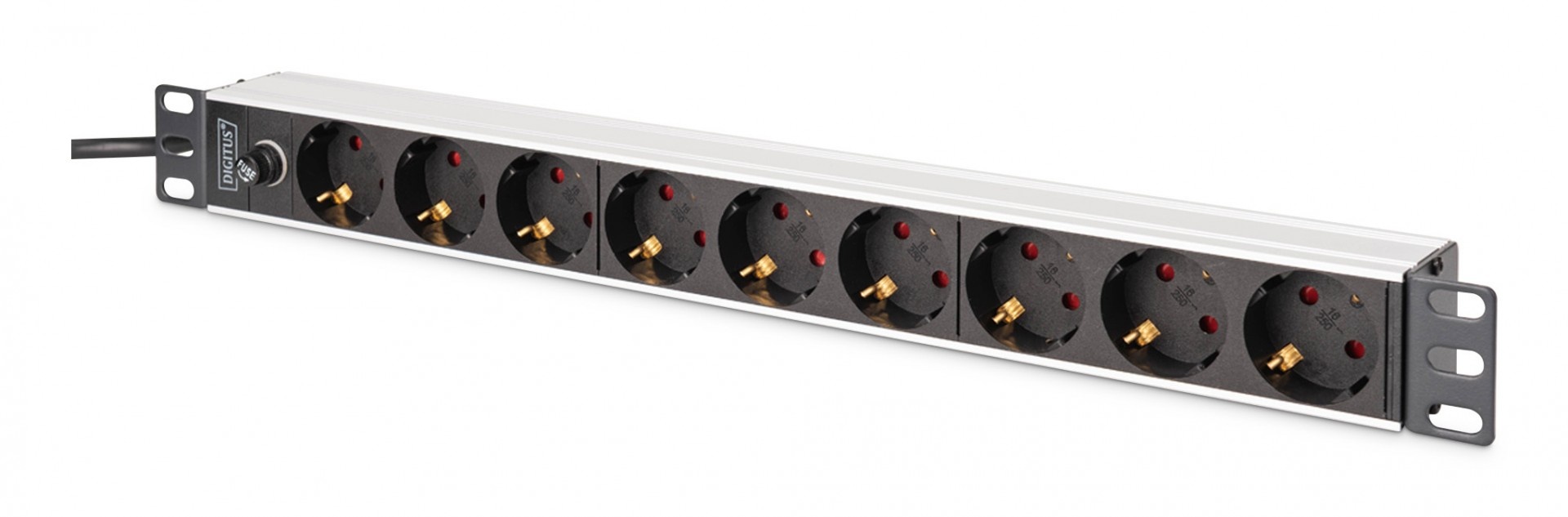 DIGITUS Striscia di alimentazione PDU Rack 19" con fusibile di sovraccarico, 9 prese Schuko CEE 7/3 (45°), cavo da 2m, spina IEC C14, 10A, alluminio - BATTERIE E ALIMENTATORI | TecnoCARE.net Sabaudia, Latina, Terracina, San Felice Circeo e Pontinia