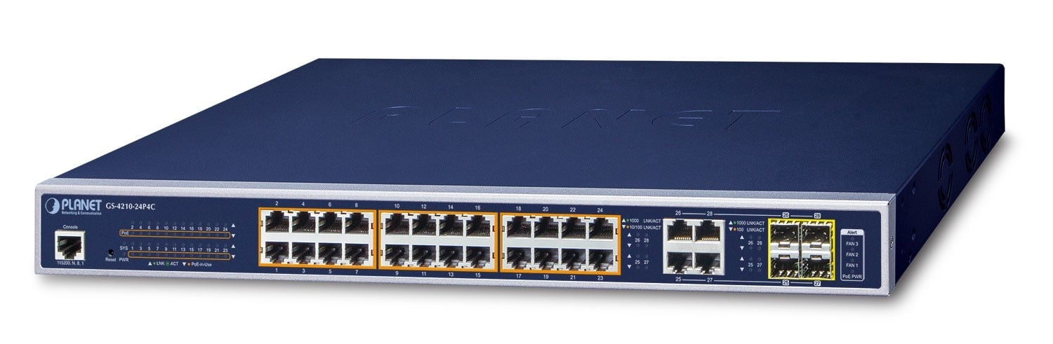 PLANET PLANET GS-4210-24P4C switch di rete Gestito L2/L4 Gigabit Ethernet (10/100/1000) Supporto Power over Ethernet (PoE) 1U Blu - RETI | TecnoCARE.net Sabaudia, Latina, Terracina, San Felice Circeo e Pontinia