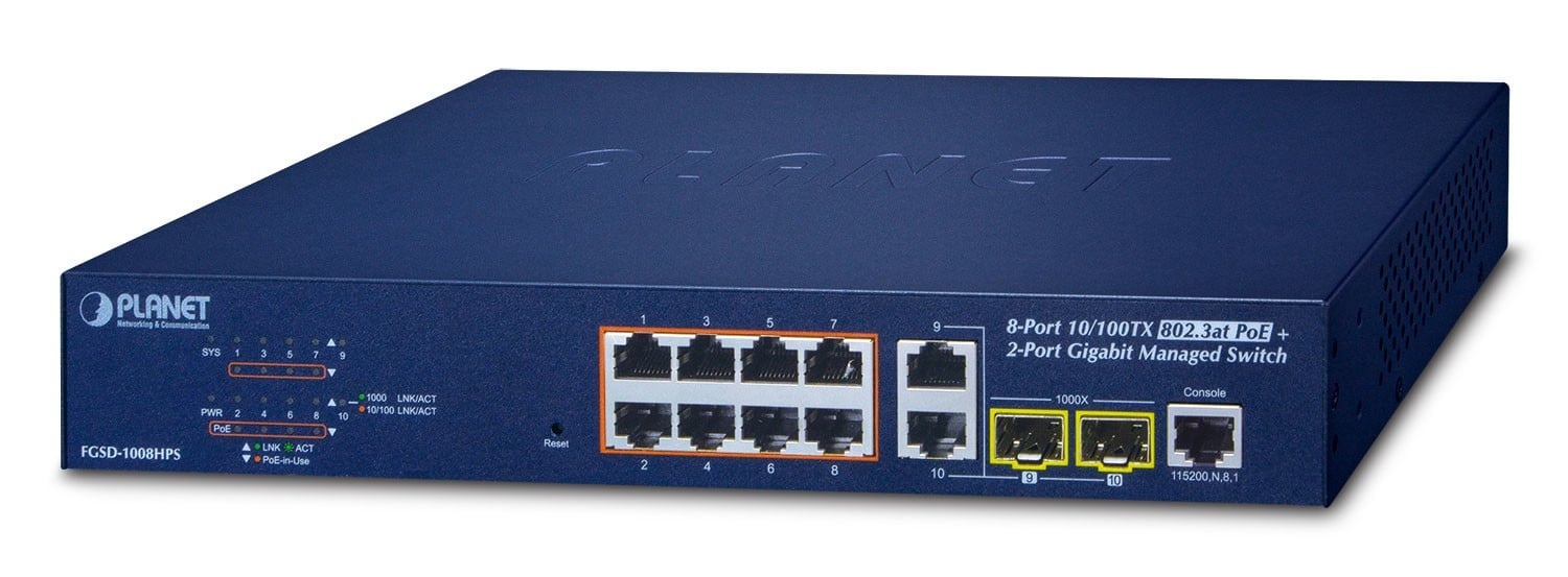 PLANET PLANET FGSD-1008HPS switch di rete Gestito Fast Ethernet (10/100) Supporto Power over Ethernet (PoE) Blu - RETI | TecnoCARE.net Sabaudia, Latina, Terracina, San Felice Circeo e Pontinia