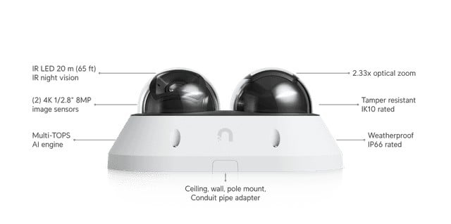 UBIQUITI Ubiquiti AI Multi Sensor 2 Cupola Telecamera di sicurezza IP Esterno 3840 x 2160 Pixel Soffitto/Parete/Palo - SISTEMI DI SORVEGLIANZA | TecnoCARE.net Sabaudia, Latina, Terracina, San Felice Circeo e Pontinia