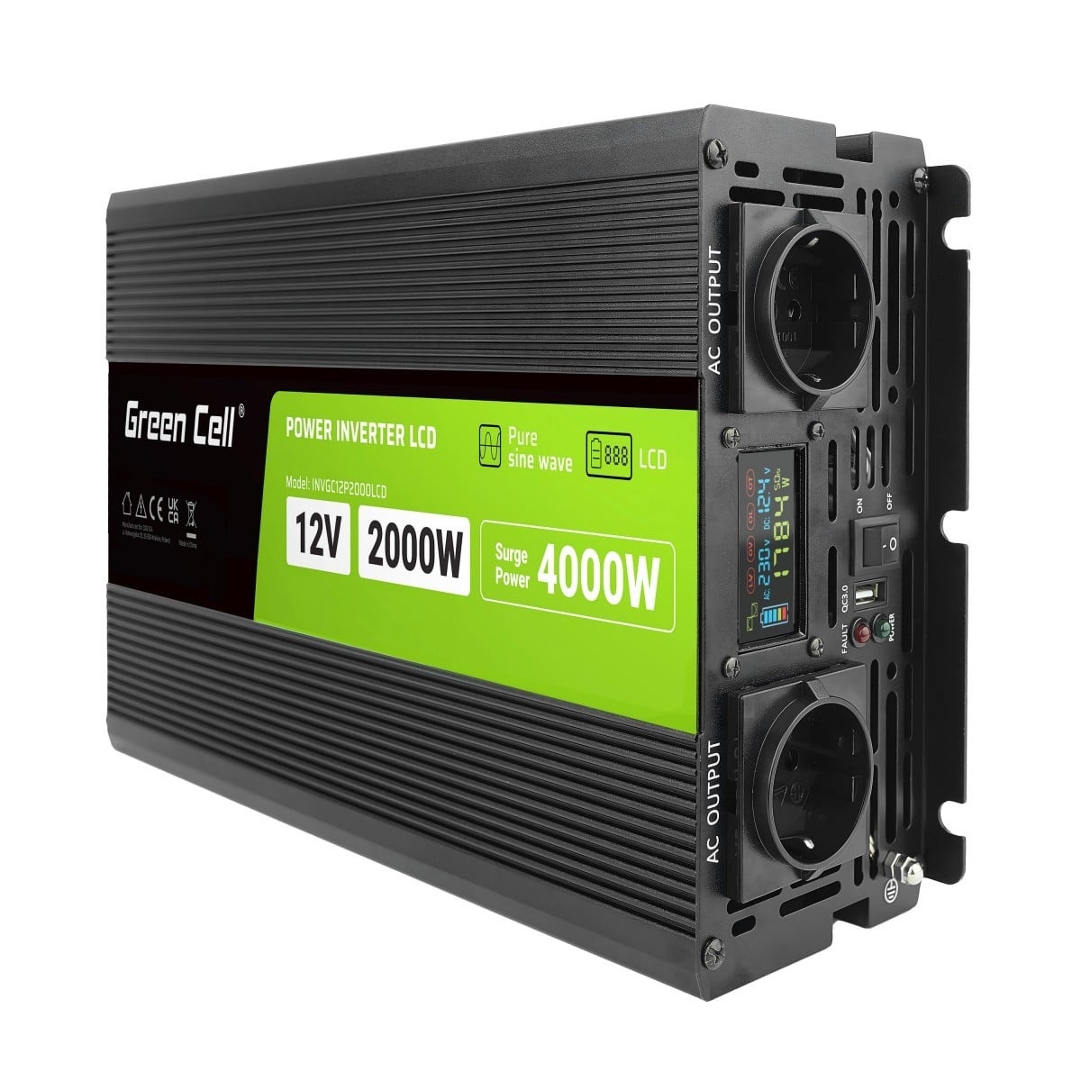GREEN CELL Green Cell Przetwornica napicia PowerInverter LCD 12 V 2000W/40000W Przetwornica samochodowa z wywietlaczem - czysty sinus adattatore e invertitore Auto Nero - BATTERIE E ALIMENTATORI | TecnoCARE.net Sabaudia, Latina, Terracina, San Felice Circeo e Pontinia