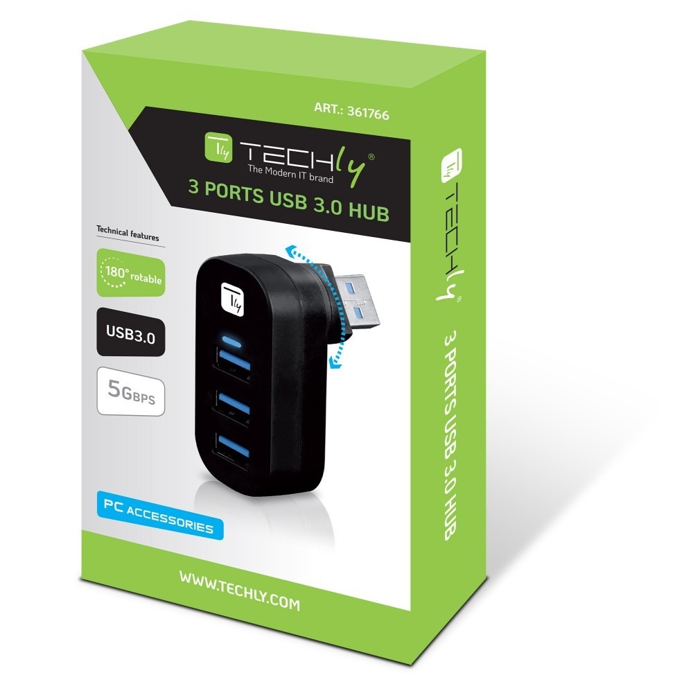 TECHLY Techly IUSB3-HUB3-ROTB Hub USB 3.0 a 3 porte con connettore USB-A rotante - COMPONENTI | TecnoCARE.net Sabaudia, Latina, Terracina, San Felice Circeo e Pontinia