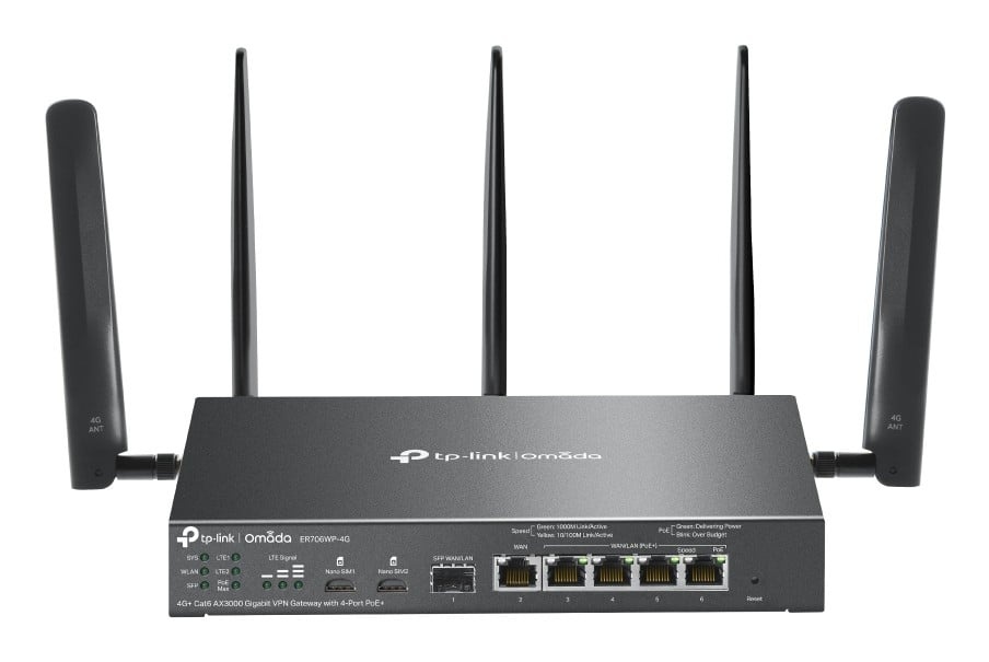 TP-LINK TP-Link ER706WP-4G Router 4G+ Cat 6 SIMx2 WiFi AX3000 5xGE WAN/LAN (4xPoE+) 1xSFP - RETI | TecnoCARE.net Sabaudia, Latina, Terracina, San Felice Circeo e Pontinia